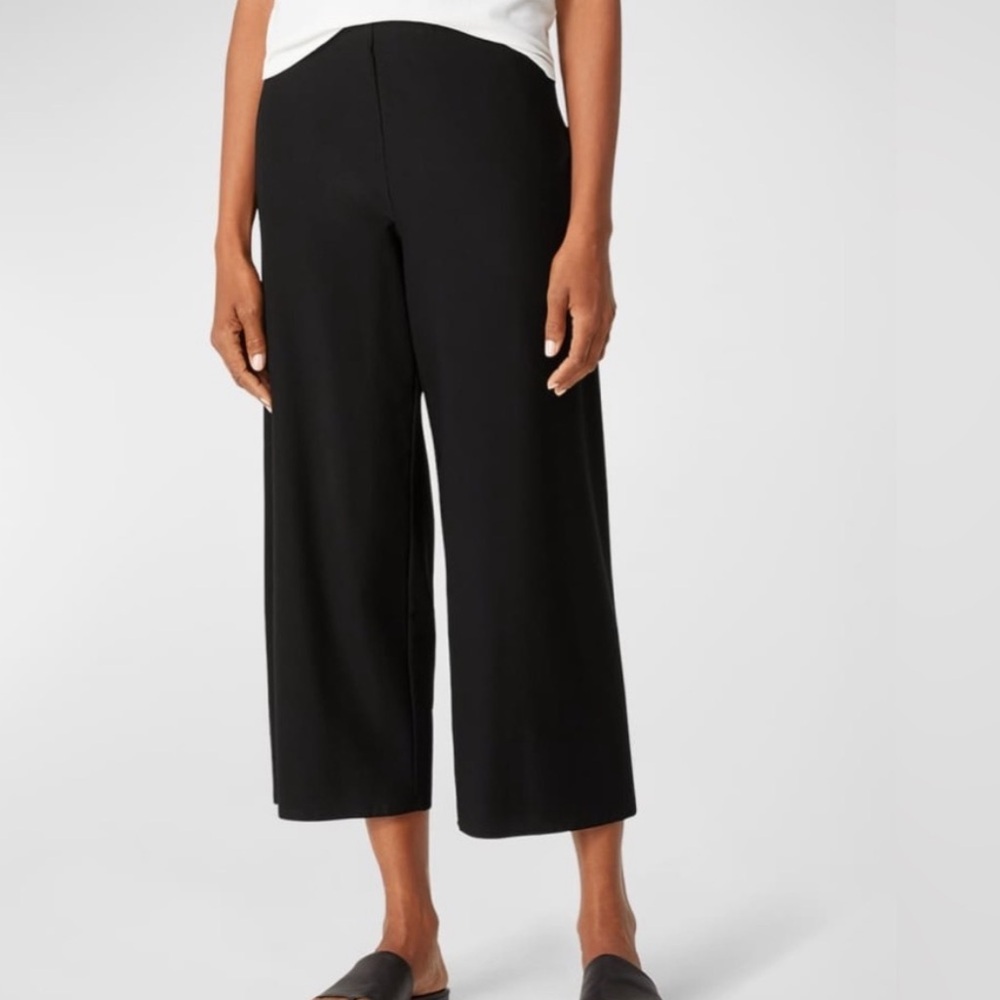Eileen Fisher Jersey Viscose Cropped Crepe Wide Leg Pants Black Large